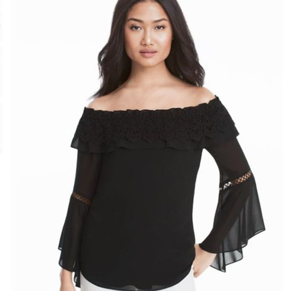 WHBM OFF-THE-SHOULDER CROCHET TRIM BLACK BLOUSE